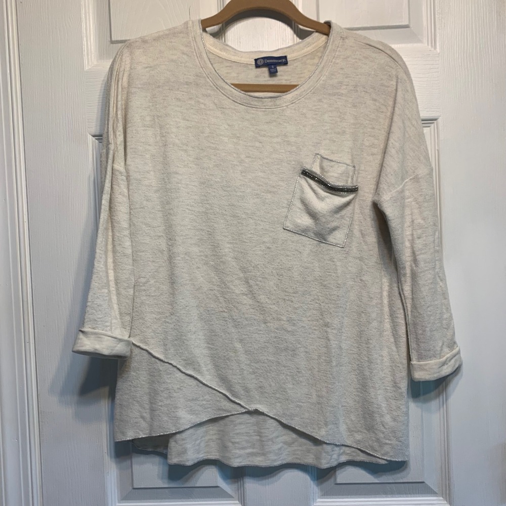Democracy Top Small Oatmeal Heather Asymmetrical Hem Beaded Pocket B32951D5E